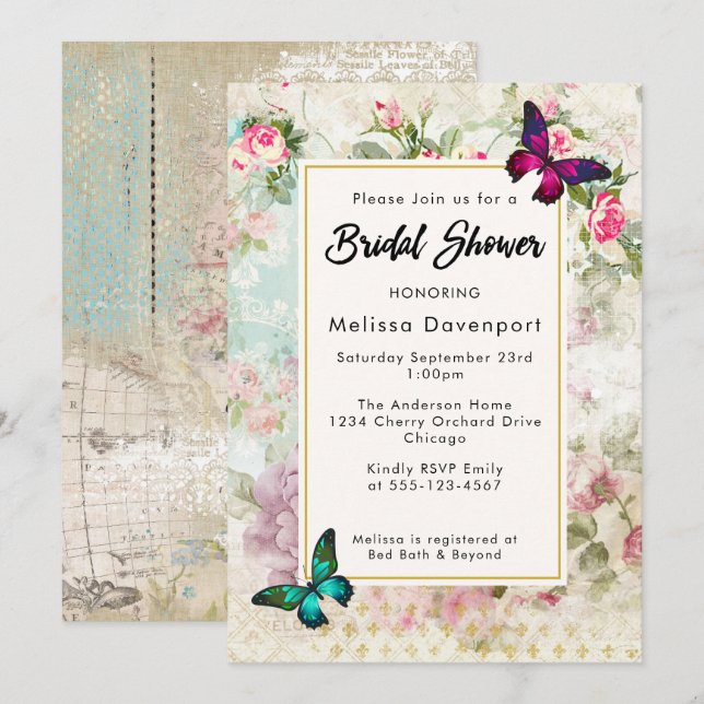 Convite de Chá de Noiva com Rosas Antigas e Borbol (Frente/Verso)