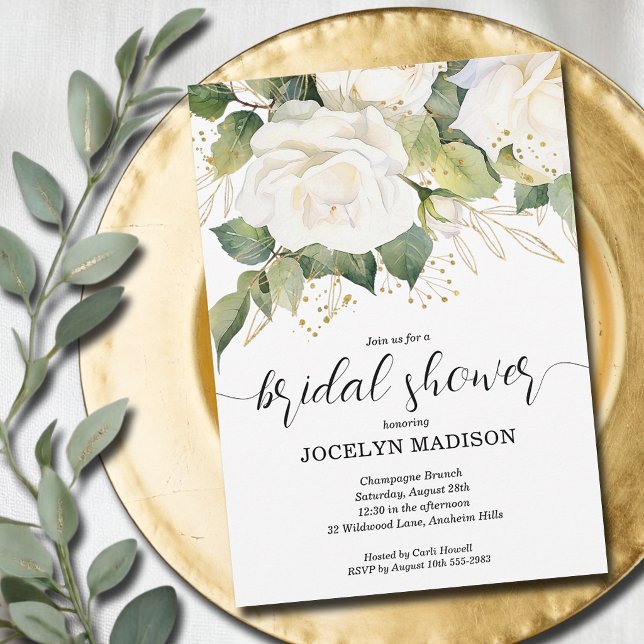 Convite de Chá de Noiva com Rosas Brancas Elegante (Elegant white roses, gold leaves bridal shower invitation INSTANT DOWNLOAD and/or PRINTED)