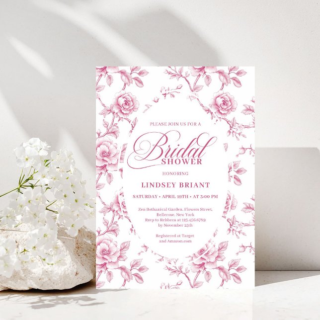 Convite de Chá de Noiva com Rosas Toile Rosa Bege  (Vintage Blush Pink Toile Roses Bridal Shower Invitation)