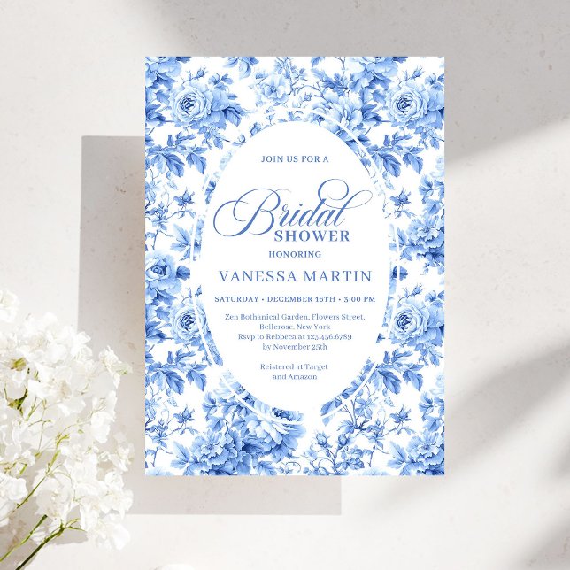 Convite de Chá de Noiva de Luxo com Rosas Toile Az (Luxury Deep Blue Toile Roses Bridal Shower Invitation)