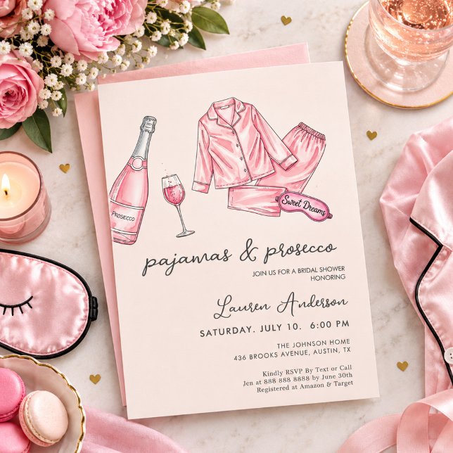 Convite de Chá de Noiva de Pijamas Rosa e Prosecco (Criador carregado)