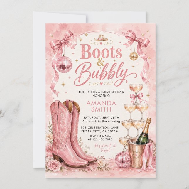 Convite de Chá de Noiva Disco Boots & Bubbly (Frente)