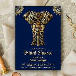 Convite de Chá de Noiva Elefante Azul Dourado Indi