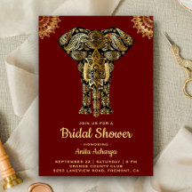 Convite de Chá de Noiva Elefante Dourado Vermelho