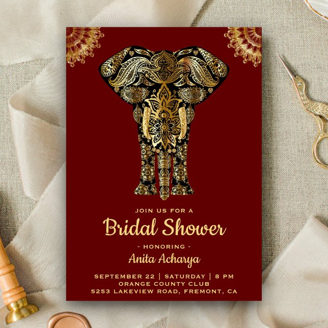 Convite de Chá de Noiva Elefante Dourado Vermelho  (Criador carregado)