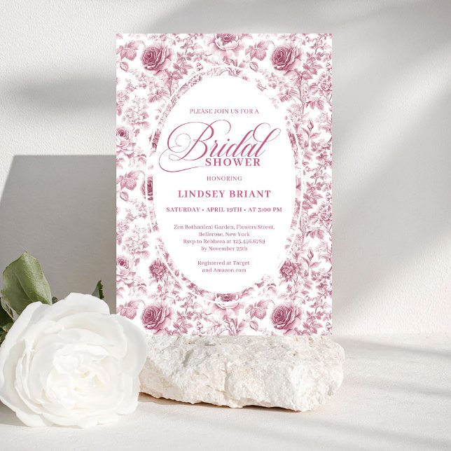 Convite de Chá de Noiva Elegante Blush Dusty Rose  (Elegant Blush Dusty Rose Toile Bridal Shower Invite)