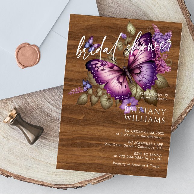 Convite de Chá de Noiva Elegante Borboleta Roxa (Elegant Purple Butterfly Bridal Shower Invitation
)