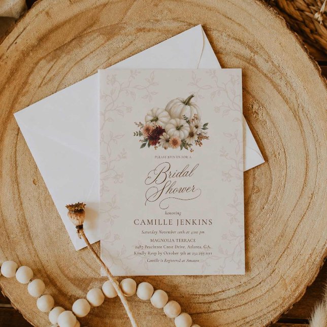 Convite de Chá de Noiva Elegante de Abóbora de Out (Rustic Pumpkin and Fall Floral Bridal Shower Sign)