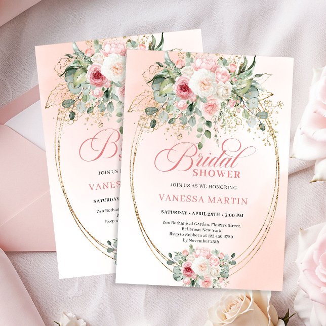 Convite de Chá de Noiva Elegante Rosa Bege Dourado (Elegant Blush Rose Gold Bridal Shower Invitation)