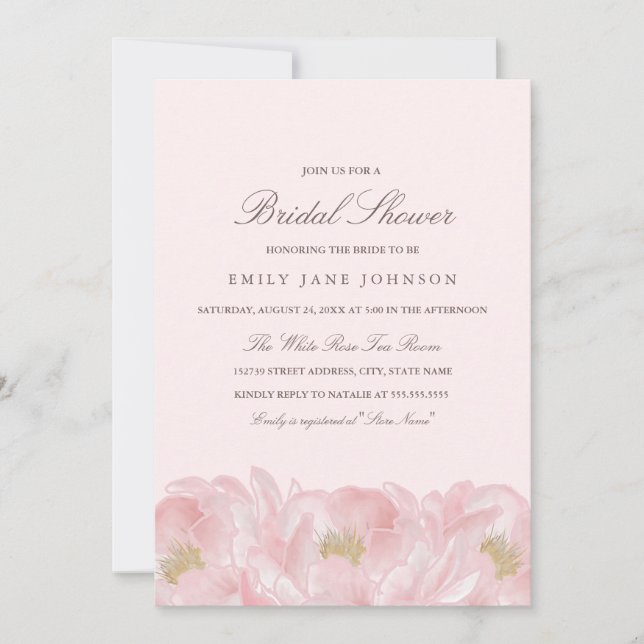 Convite de Chá de Noiva Elegante Rosa Peônia (Frente)