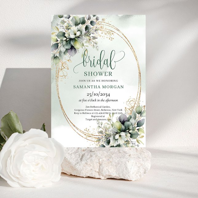 Convite de Chá de Noiva em Aquarela Verde Dourado (Watercolor Green Gold Bridal Shower Invitation)