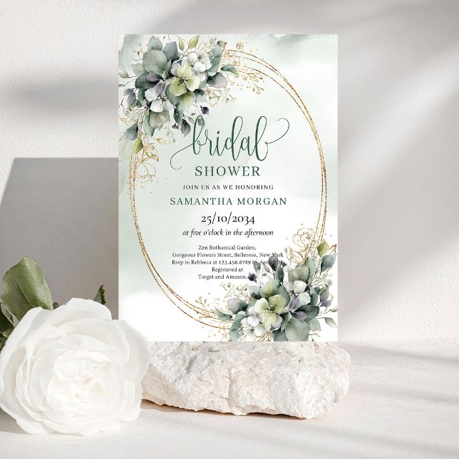 Convite de Chá de Noiva em Aquarela Verde Poeirent (Watercolor Dusty Green Bridal Shower Invitation)