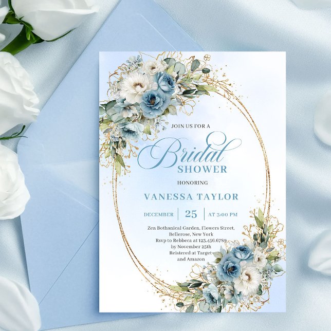 Convite de Chá de Noiva em Azul Floral em Pó Sutil (Soft Dusty Blue Floral Script Bridal Shower Invitation)