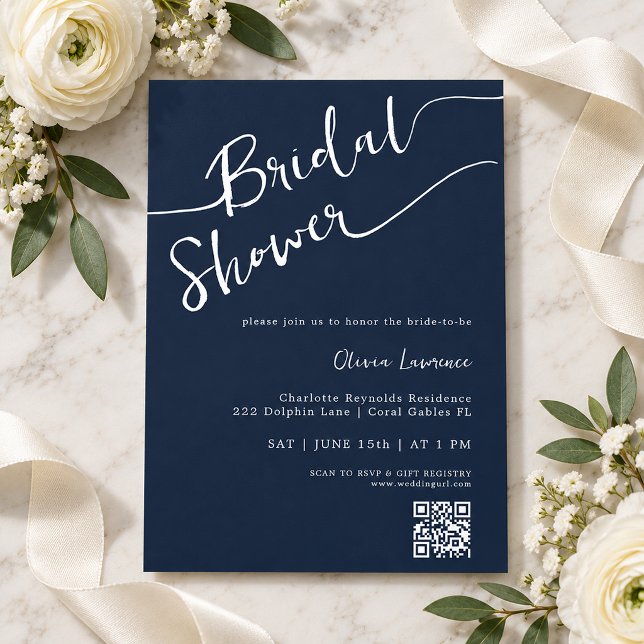 Convite de Chá de Noiva em Azul Marinho com QR Cod (navy bridal shower)