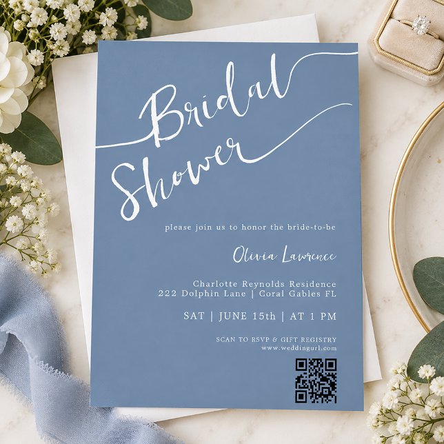 Convite de Chá de Noiva em Azul Periwinkle com Let (Periwinkle Blue Script Bridal Shower Invitation)