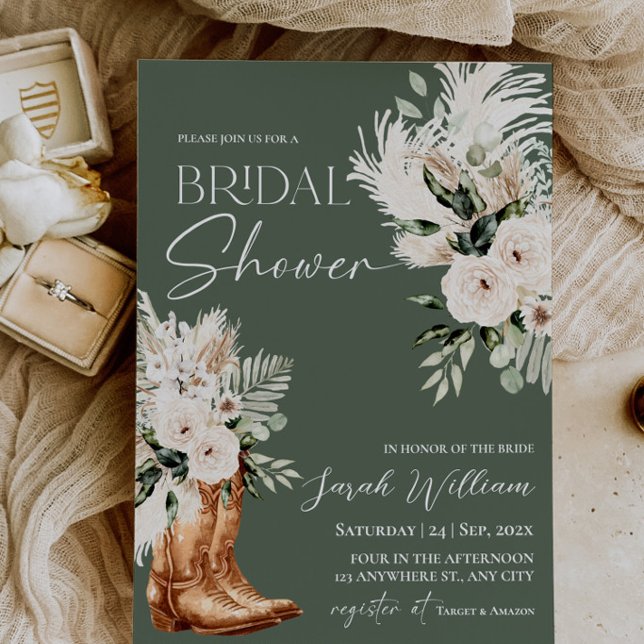 Convite de Chá de Noiva em Botas Western Verde Sag (Sage Green Western Boho Boots Cowgirl Bridal Shower Invitation Card)