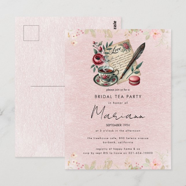 Convite de Chá de Noiva em Chaleira Floral para Fe (Frente/Verso)