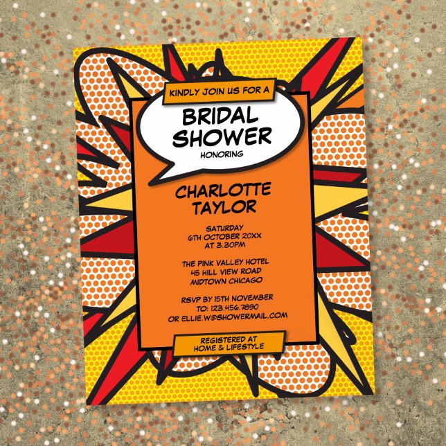 Convite de Chá de Noiva em Quadrinhos Divertido e  (Budget Fun Bridal Shower Comic Book Invitation)