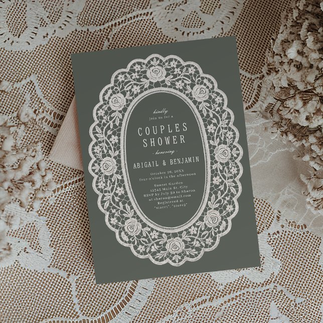 Convite de Chá de Noiva em Renda Floral Verde Sálv (Sage Green Floral Vintage Lace Bridal Shower Invitation)