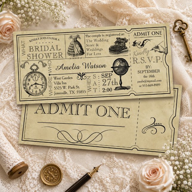 Convite de Chá de Noiva em Ticket Vintage (Vintage Ticket Bridal Shower Invitation)