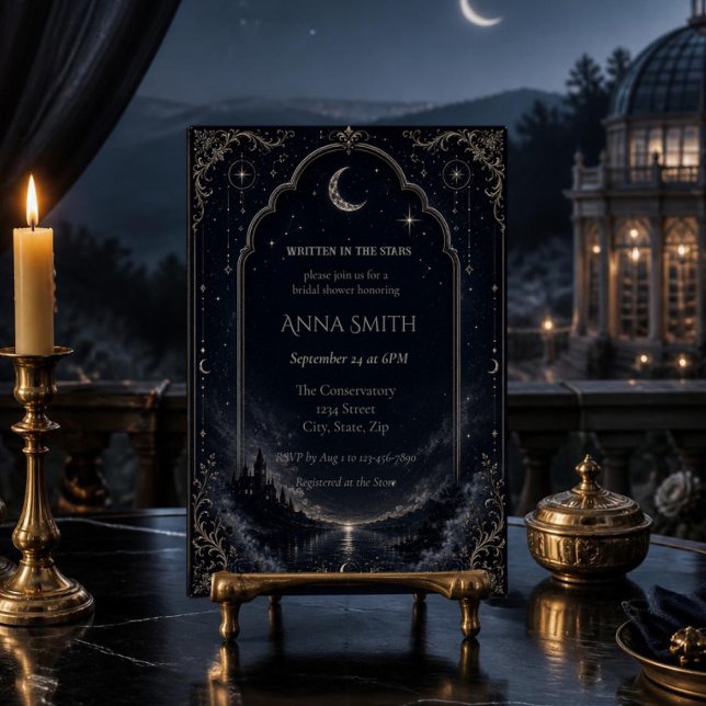 Convite de Chá de Noiva Escrito nas Estrelas (Elegant celestial bridal shower invitation with moon, stars & Art Deco style for a magical celebrati)