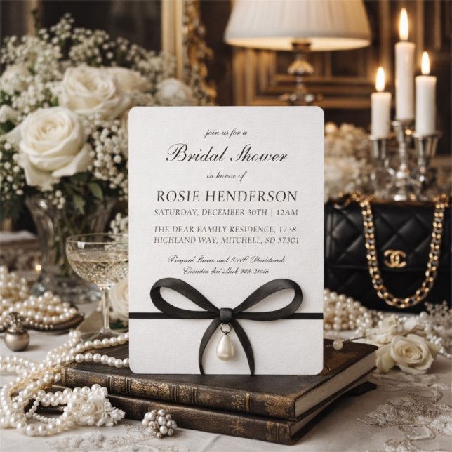 Convite de Chá de Noiva Estilo Old Money com Laço  (Black Bow With Pearl Old Money Style Bridal Shower Invitation!)