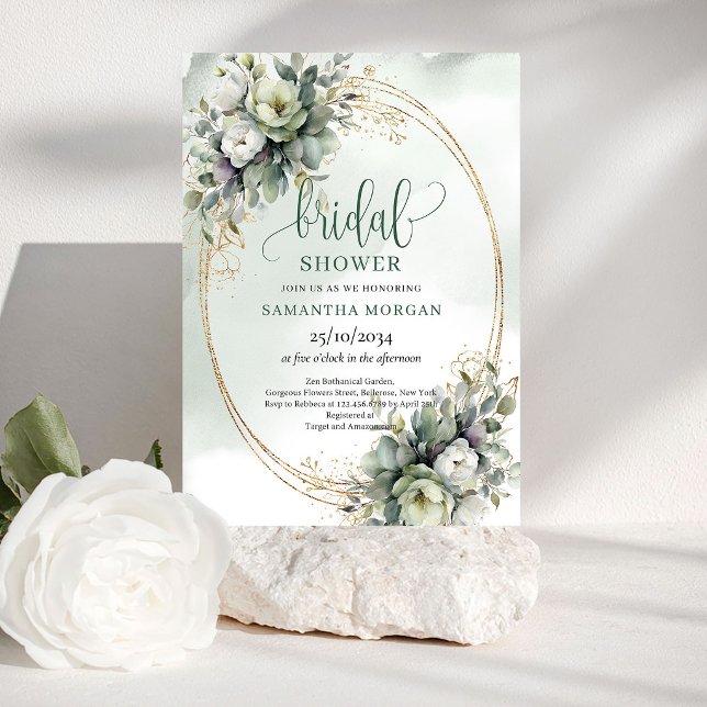 Convite de Chá de Noiva Eucalipto Ouro Verde (Green Gold Eucalyptus Bridal Shower Invitation)
