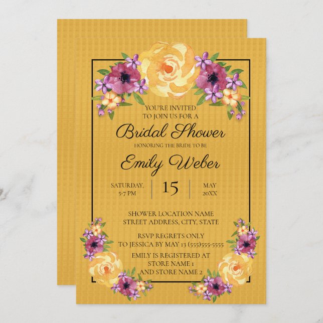 Convite de Chá de Noiva Floral Amarelo Mostarda (Frente/Verso)