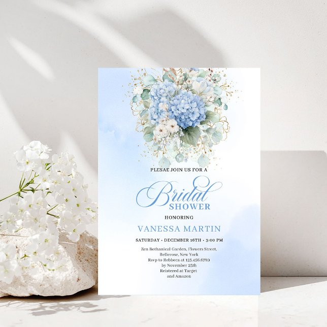 Convite de Chá de Noiva Floral Azul Clássico em Do (Classic Blue Floral Bridal Shower Gold Invitation)