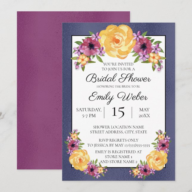 Convite de Chá de Noiva Floral Azul Roxo Amarelo (Frente/Verso)
