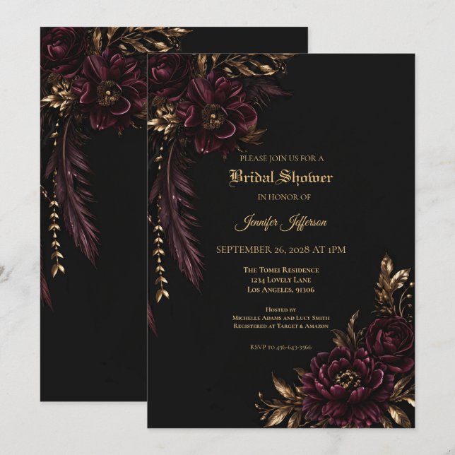 convite de chá de noiva floral borgonha gótico (Frente/Verso)