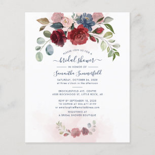 Convite de Chá de Noiva Floral Borgonha Orçamentár
