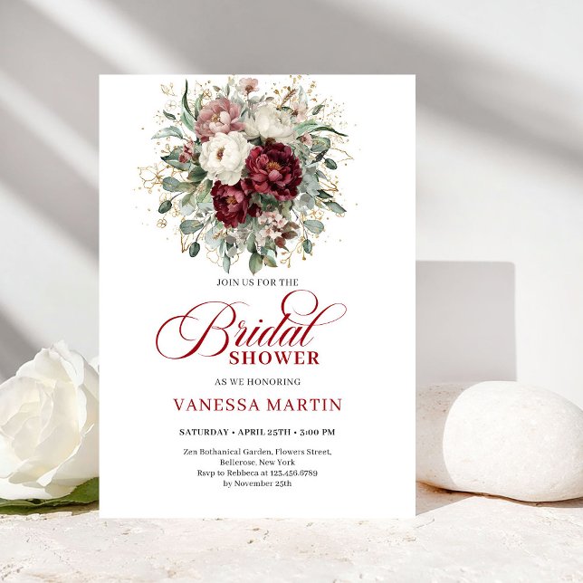 Convite de Chá de Noiva Floral Clássico Borgonha (Classic Burgundy Floral Bridal Shower Invitation)