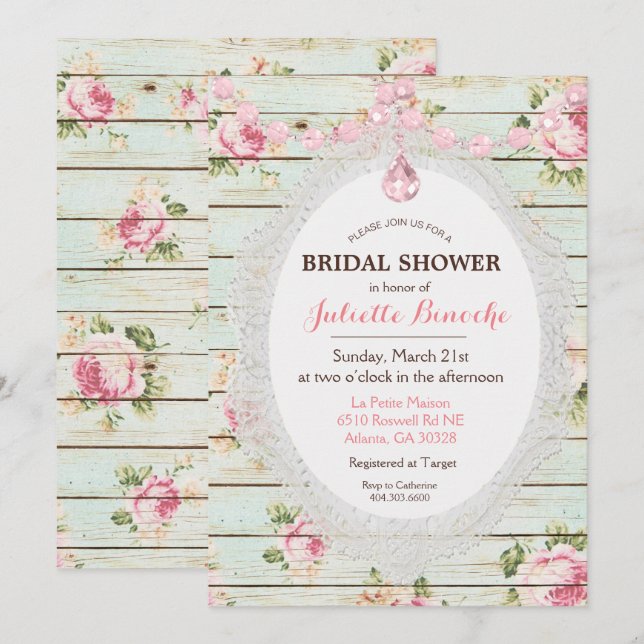 Convite de Chá de Noiva Floral de Madeira Shabby C (Frente/Verso)