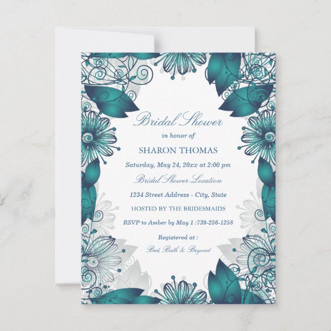 Convite de Chá de Noiva Floral Elegante Azul Verde (Frente)