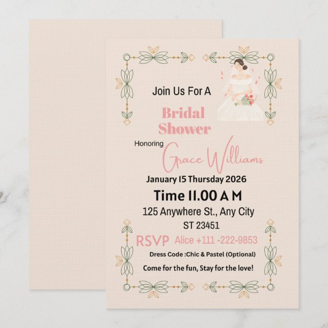 Convite de Chá de Noiva Floral Elegante | Personal (Frente/Verso)