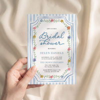 Convite de Chá de Noiva Floral Listrado Azul