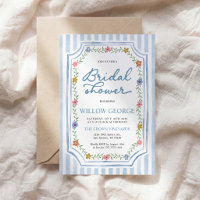 Convite de Chá de Noiva Floral Listrado Azul