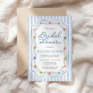 Convite de Chá de Noiva Floral Listrado Azul