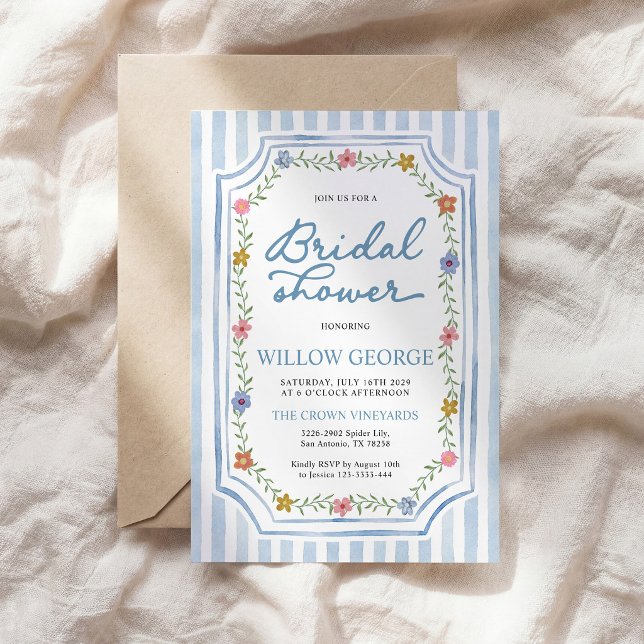 Convite de Chá de Noiva Floral Listrado Azul (Criador carregado)