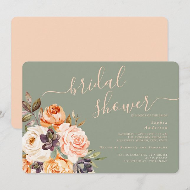 Convite de Chá de Noiva Floral Peach Sage (Frente/Verso)