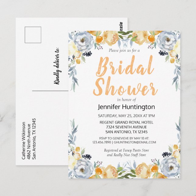 Convite de Chá de Noiva Floral Pêssego Elegante (Frente/Verso)