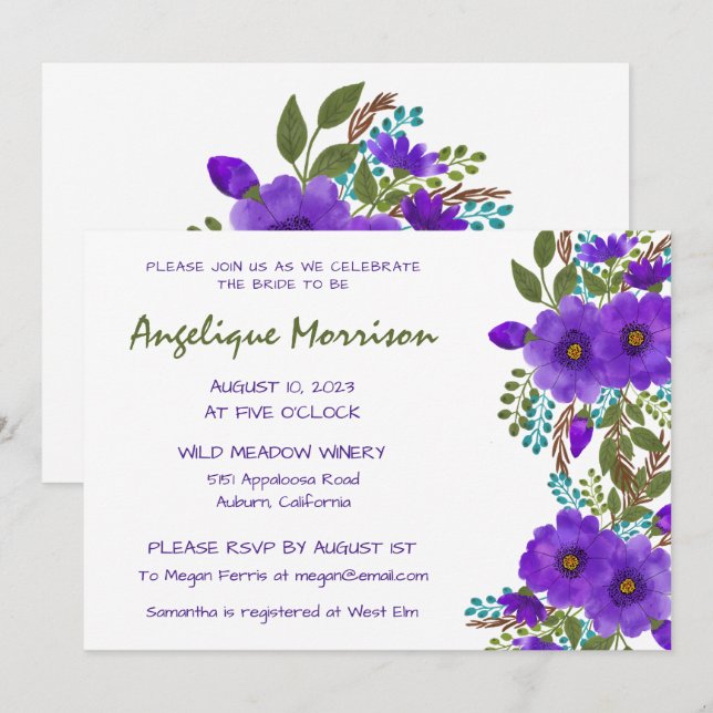 Convite de Chá de Noiva Floral Pintado de Roxo (Frente/Verso)