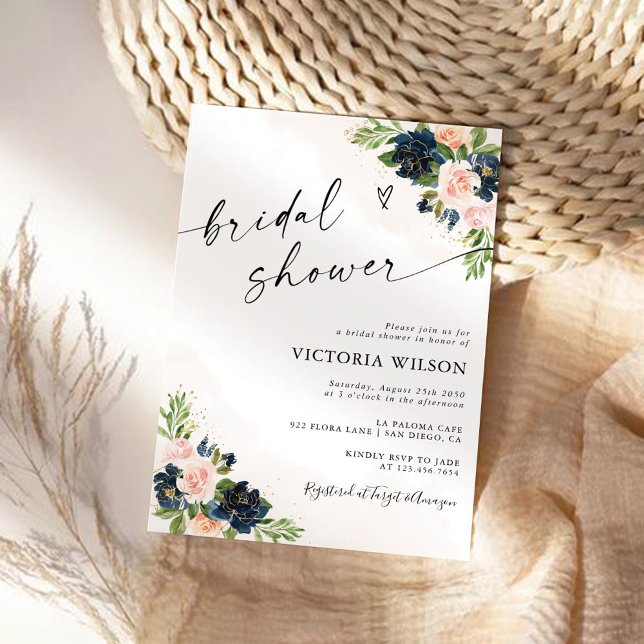 Convite de Chá de Noiva Floral Rosa e Azul Marinho (Criador carregado)