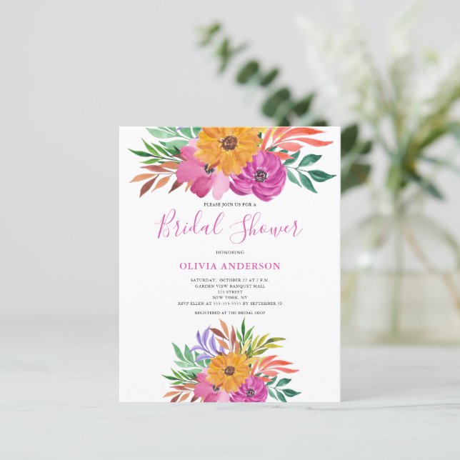 Convite de Chá de Noiva Floral Rosa Econômico (Em pé/Frente)