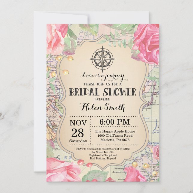 Convite de Chá de Noiva Floral Rosa Viagem (Frente)