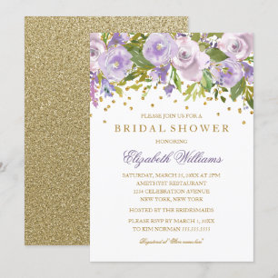 Convite de Chá de Noiva Floral Roxo Dourado Brilha