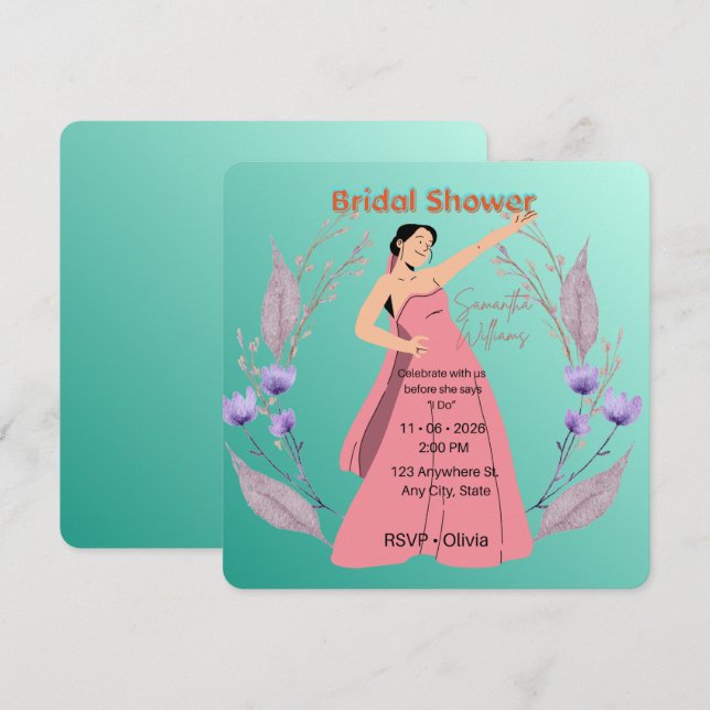 Convite de Chá de Noiva Floral Turquesa – Elegante (Frente/Verso)