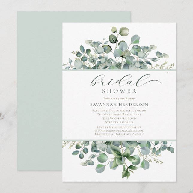 Convite de Chá de Noiva Floral Verde Sage Clássico (Frente/Verso)