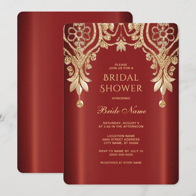 Convite de Chá de Noiva Floral Vermelho Dourado Mo (Frente/Verso)